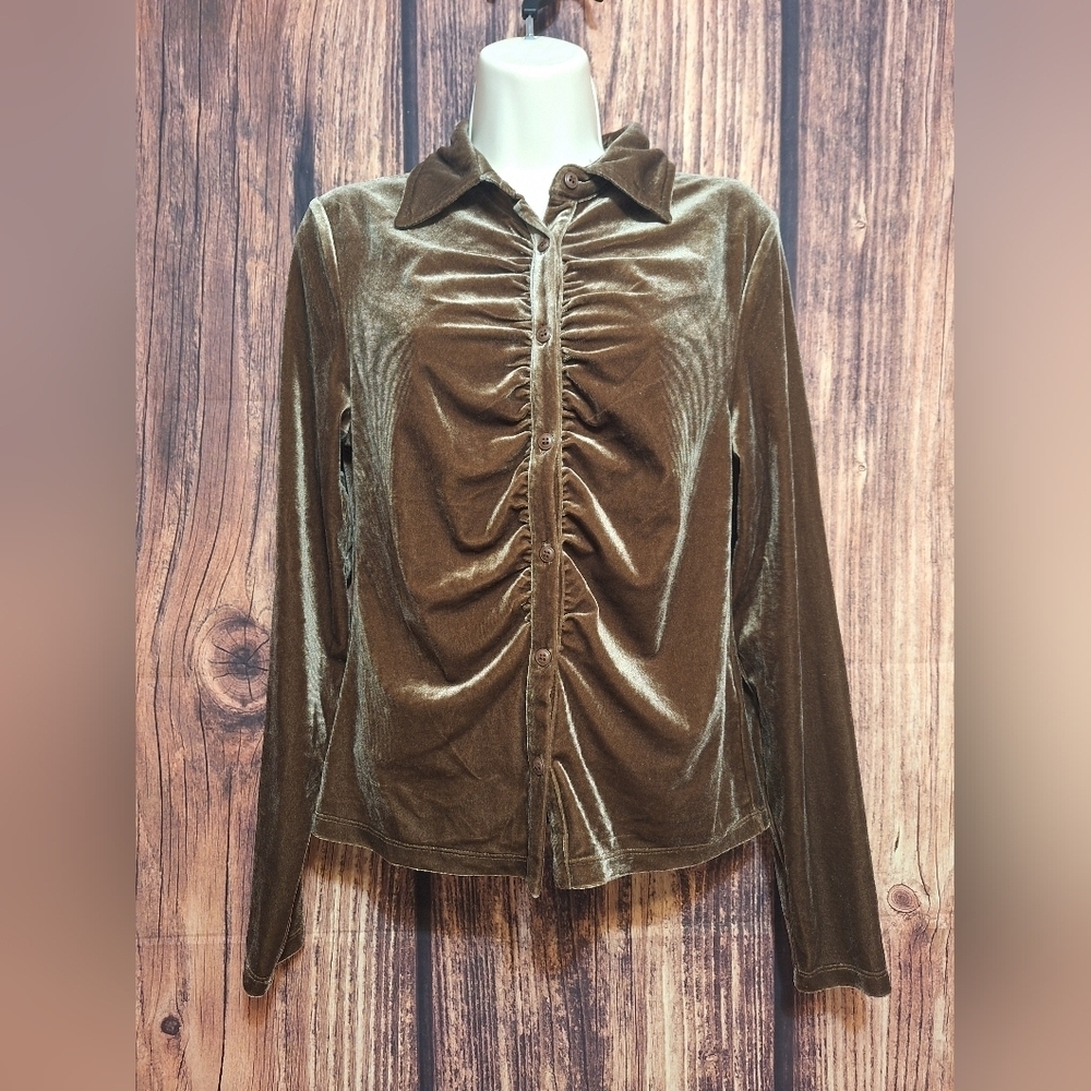 Golden Hour Velour Button-Up Blouse Red By BKE Size Medium!